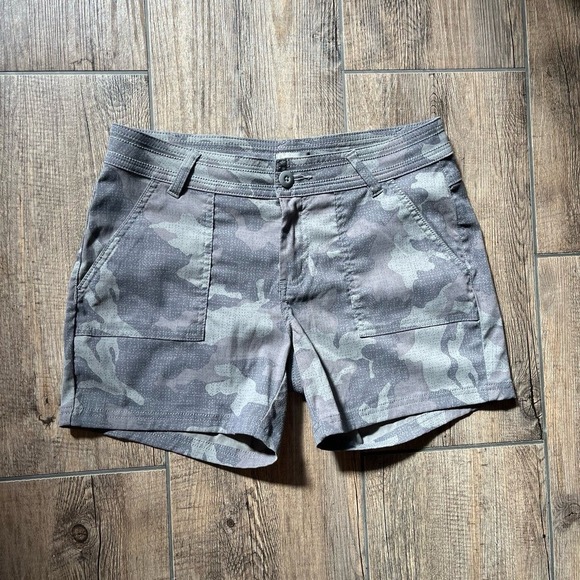 PrAna Olivia Gray Camoflauge Shorts Pockets Stretch Camping Women's Size 8 - Picture 1 of 7